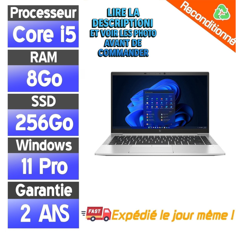 HP EliteBook 830 G7 Reconditionné – i5 10ᵉ Gén – 16Go RAM – SSD 256Go – PC Portable Pro