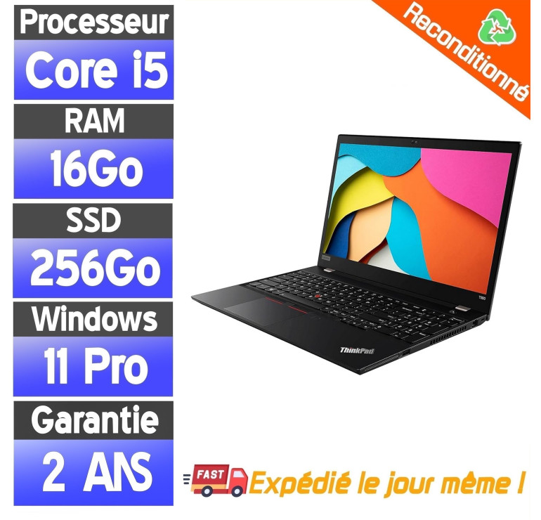 Lenovo ThinkPad T590 Reconditionné – i5-8365U – 16Go RAM – SSD 256Go – Full HD – Windows 11