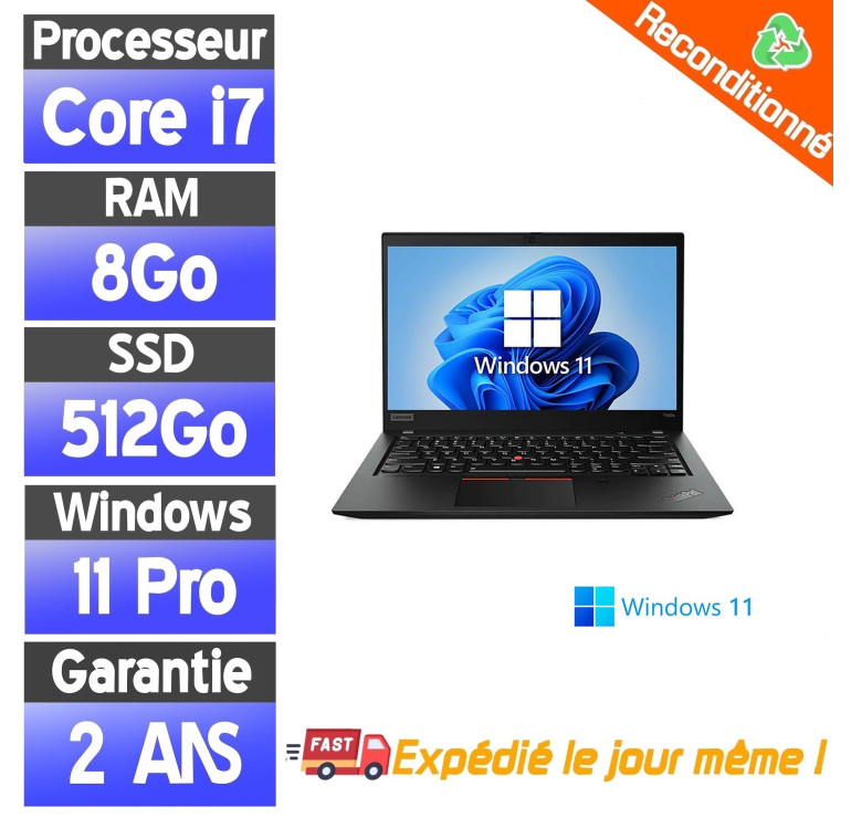 Lenovo ThinkPad T490s i7-8665U – 8Go RAM – 512Go SSD – PC Portable Lenovo Reconditionné Professionnel