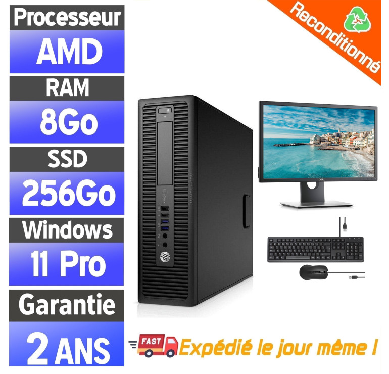 HP EliteDesk 705 G3 SFF – Pack ordinateur complet reconditionné – 8Go RAM – SSD 256Go