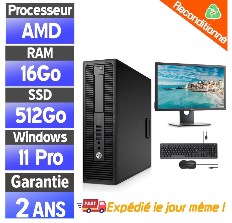 HP EliteDesk 705 G3 SFF – Pack PC complet reconditionné – 16Go RAM – SSD 512Go