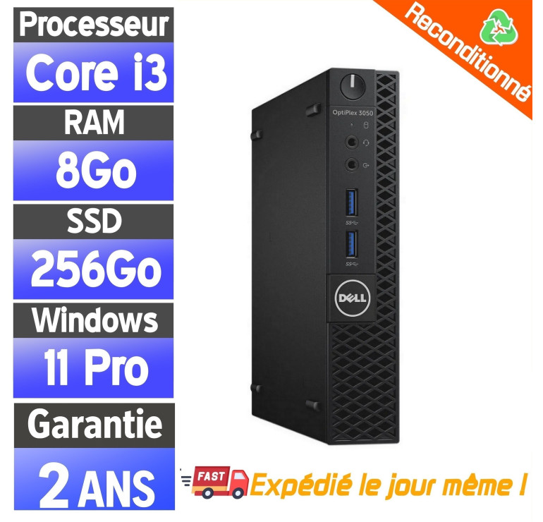Dell OptiPlex 3050 Mini – Mini PC reconditionné – Core i3 – 8Go RAM – SSD 256Go – Windows 11 Pro
