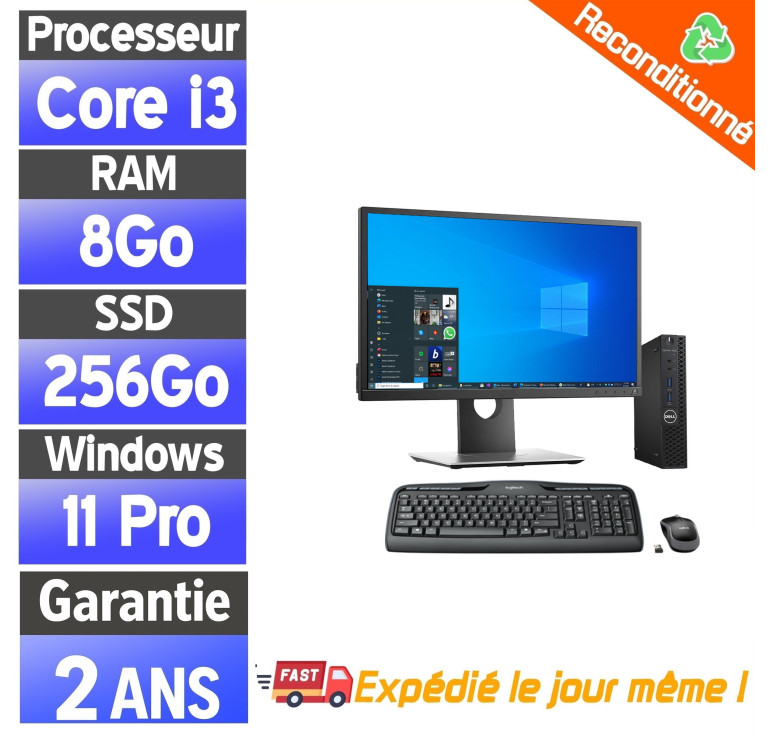 Dell OptiPlex 3050 Mini – Pack PC complet reconditionné – i3-7100T – 8Go RAM – SSD 256Go – Écran 22" – Windows 11 Pro