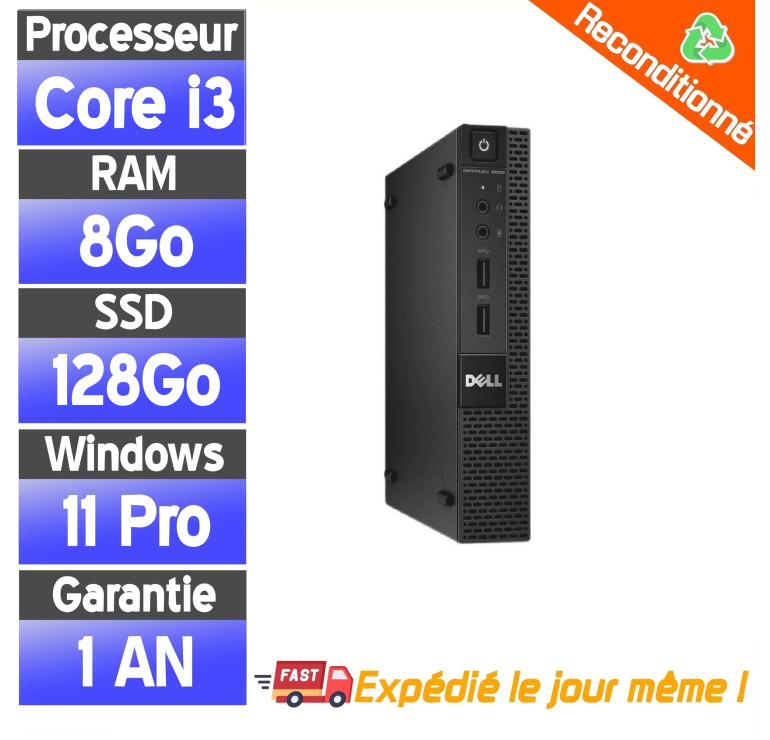 Dell OptiPlex 9020 Micro – Mini PC reconditionné – Core i3-4150T – 8Go RAM – SSD 128Go – Windows 11 Pro