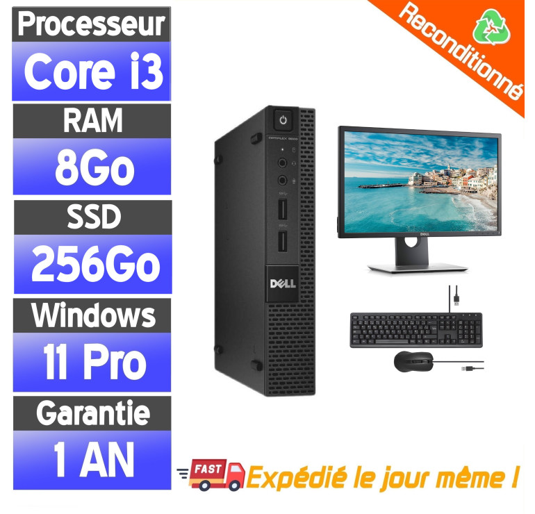 Dell OptiPlex 9020 Micro – Pack PC complet reconditionné – i3-4150T – 8Go RAM – SSD 256Go – Windows 11 Pro – Écran 19 ou 22 pouc