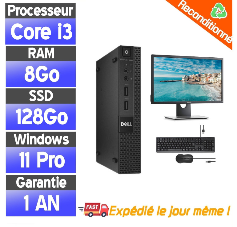 Dell OptiPlex 9020 Micro – Mini PC reconditionné – Core i3-4150T – 8Go RAM – SSD 128Go – Windows 11 Pro