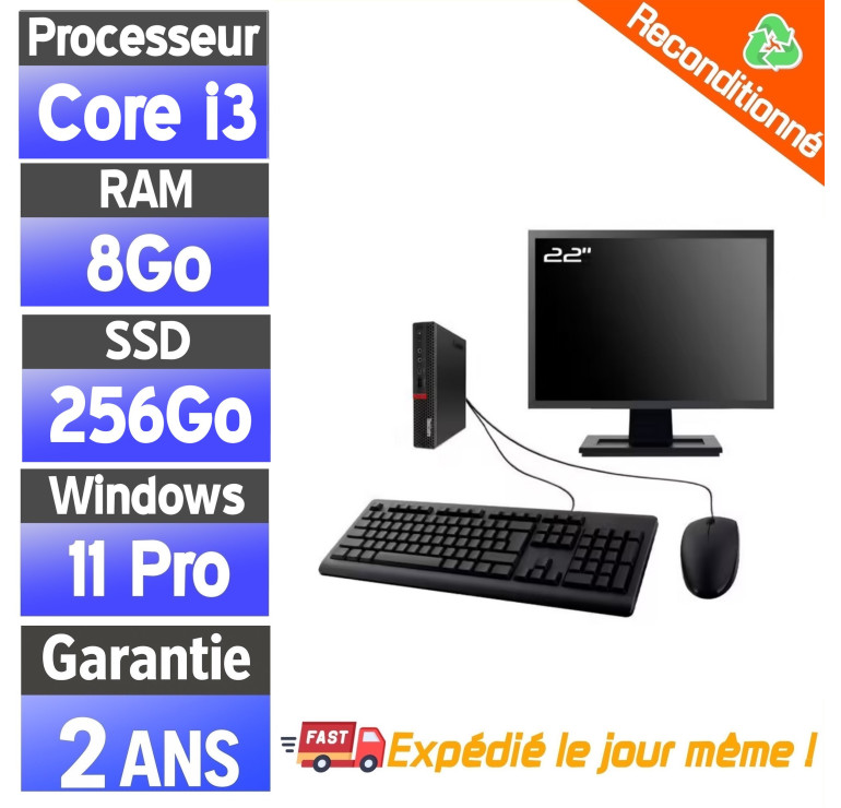 Lenovo ThinkCentre M700 – Pack PC complet reconditionné – i3-6100T – 8Go RAM – SSD 256Go – Windows 11 Pro – Écran 22"