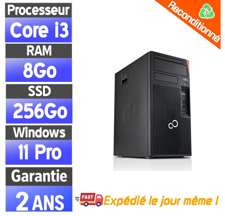 Fujitsu Esprimo P558/E85 – PC fixe tour reconditionné – i3-8100 – 8Go RAM – SSD 256Go – Windows 11 Pro – Sans lecteur DVD