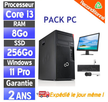 Pack PC complet Fujitsu Esprimo P558/E85 – i3-8100 – 8Go – SSD 256Go – Windows 11 Pro – Écran 19" ou 22" – Reconditionné