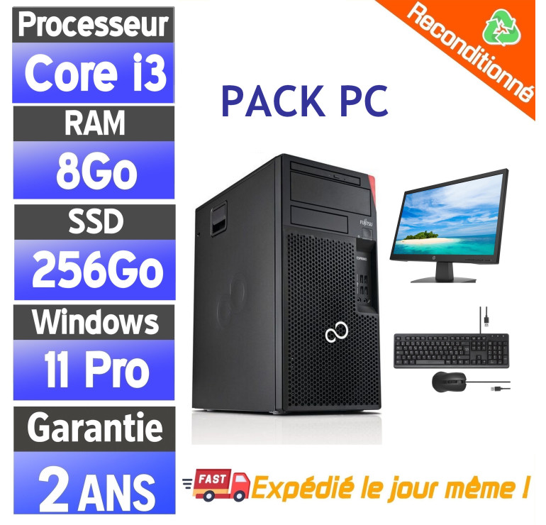 Pack PC complet Fujitsu Esprimo P558/E85 – i3-8100 – 8Go – SSD 256Go – Windows 11 Pro – Écran 19" ou 22" – Reconditionné