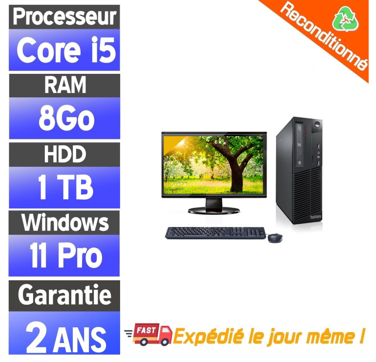 Pack complet Lenovo ThinkCentre M82 SFF – i5-3470 – 8Go RAM – HDD 1To – Windows 11 Pro – Écran 19" ou 22" – Reconditionné
