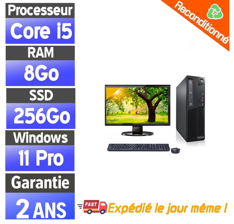 Pack complet Lenovo ThinkCentre M82 SFF – i5-3470 – 8Go RAM – SSD 256Go – Windows 11 Pro – Écran 19" ou 22" – Reconditionné