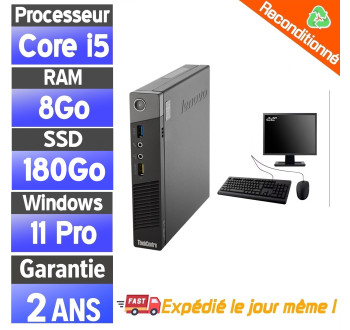 Pack Lenovo ThinkCentre M93P Tiny – i5-4570T – 8Go RAM – SSD 180Go – Écran 22" – PC reconditionné – Windows 11 Pro