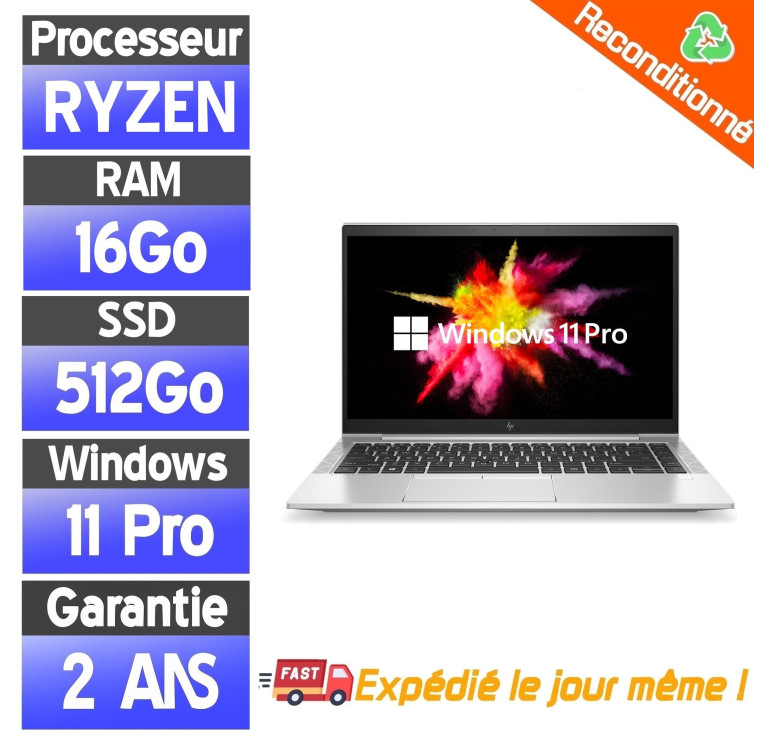 HP EliteBook 845 G7 – PC portable reconditionné – Ryzen 5 4650U – 16Go – SSD 512Go – Windows 11 Pro