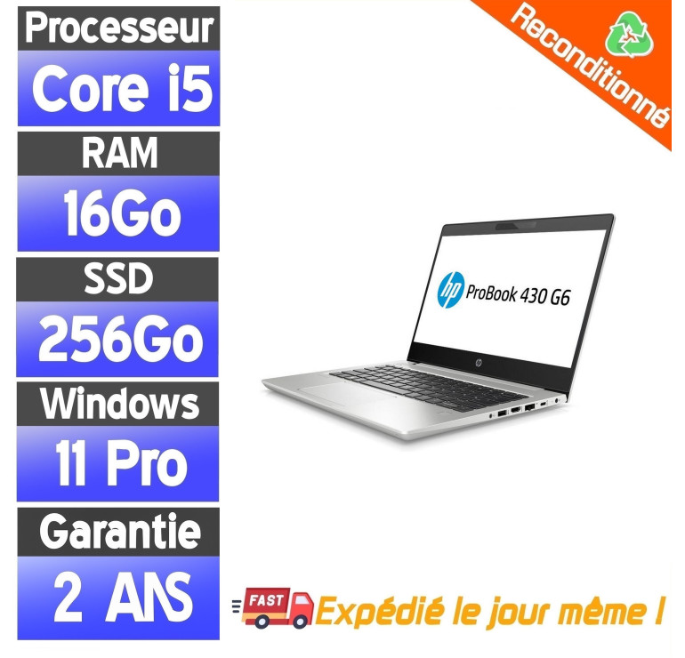 HP ProBook 430 G6 13.3" – Core i5-8250U – 16Go RAM – SSD 256Go – PC Portable Pro Reconditionné