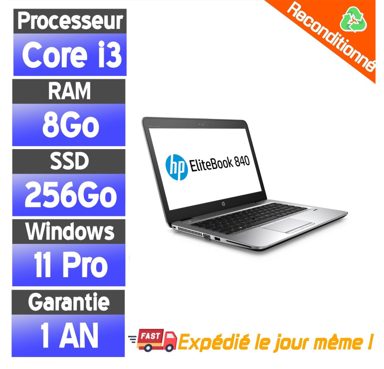 HP EliteBook 840 G3 reconditionné – Core i3, 8 Go RAM, SSD 256 Go, Windows 11