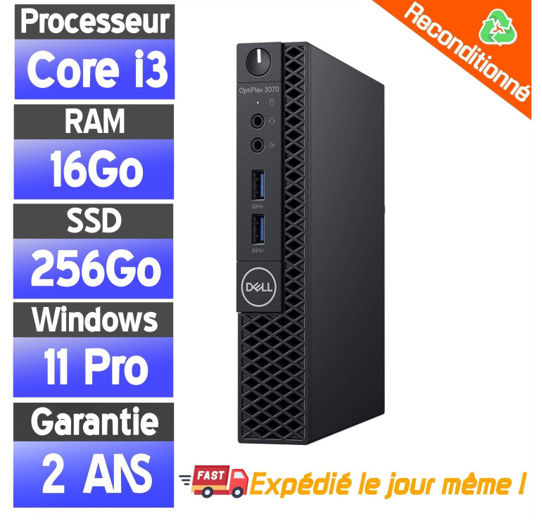 Dell OptiPlex 3070 Micro i3-9100T 16Go RAM 256Go SSD — Mini PC reconditionné