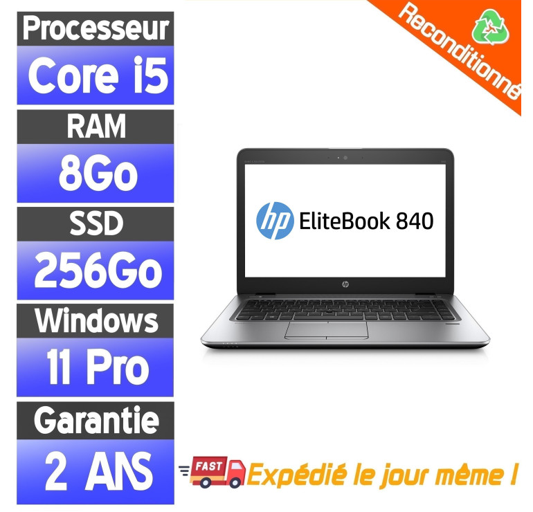 HP EliteBook 840 G3 14 pouces i5-6400U 8Go RAM 256Go SSD Windows 11 Pro Reconditionné