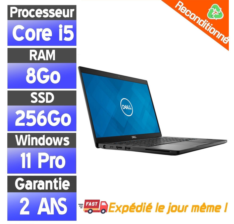 Dell Latitude 7390 13.3" i5-8350U 8Go RAM 256Go SSD Windows 11 – PC Portable Reconditionné