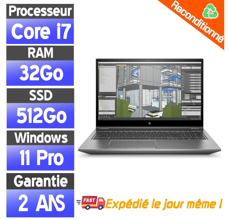 HP ZBook 15 G6 15.6" i7-9850H 32Go RAM 512Go SSD + 500Go HDD Windows 11 Pro