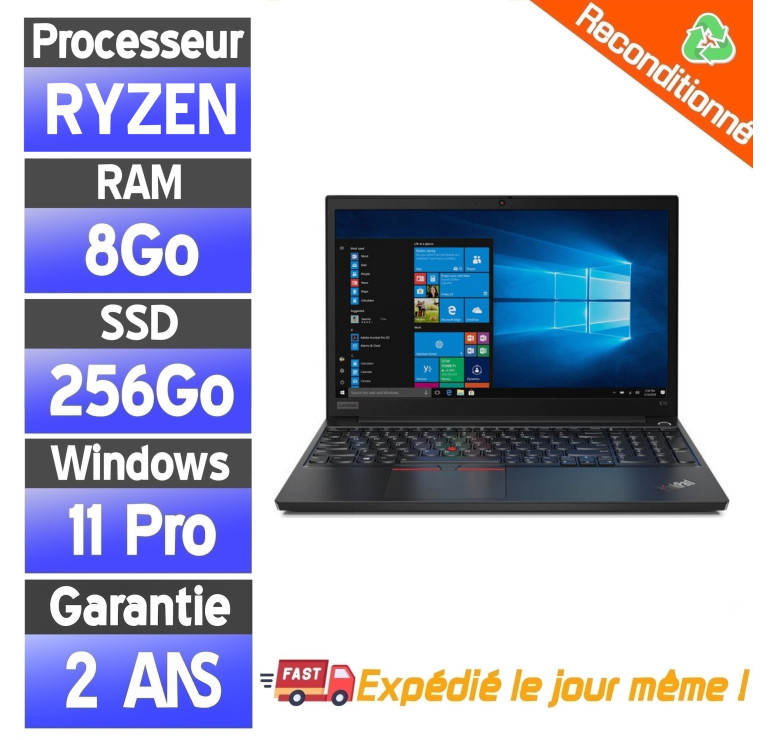 Lenovo E15 15.6" Ryzen 5 4500U 8Go RAM 256Go SSD Windows 11 Pro PC Portable