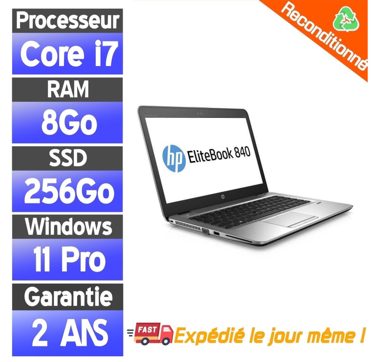 HP EliteBook 840 G3 14" i7-6500U 8Go RAM 256Go SSD Windows 11 Tactile