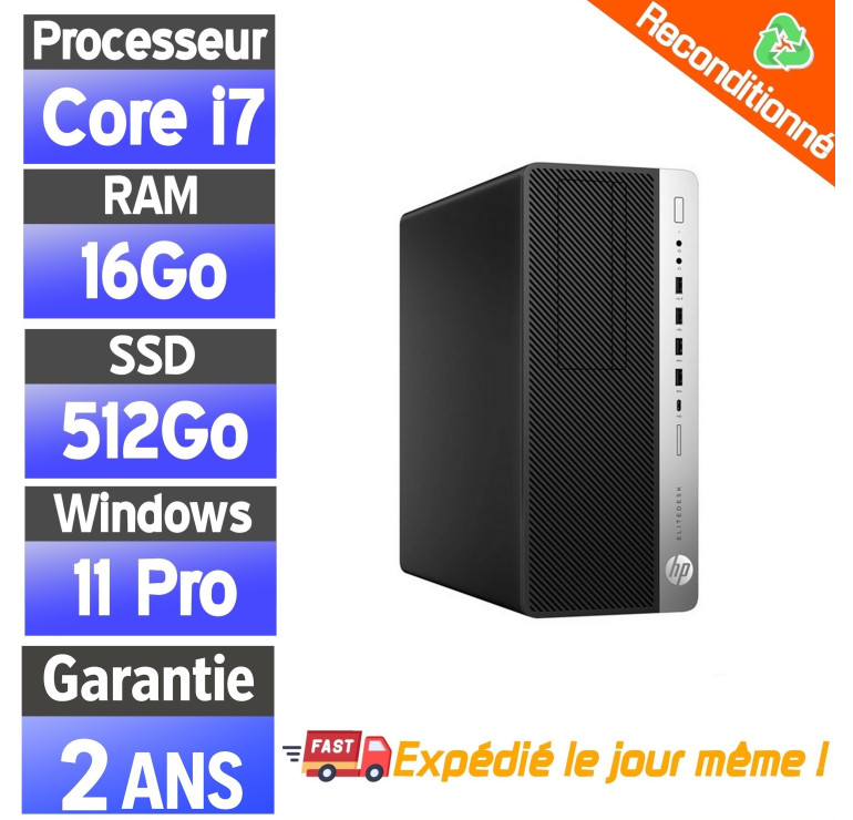 HP EliteDesk 800 G3 MT – i7 6700, SSD 512Go, 16Go RAM
