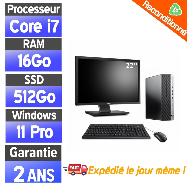 PC Reconditionné SFF – HP 800 G3 i7 + Écran 22", 16Go, SSD 512