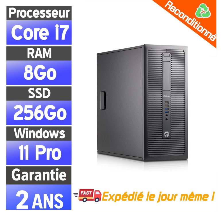 PC Fixe Reconditionné – HP EliteDesk 800 TWR i7, 8Go, SSD 256Go