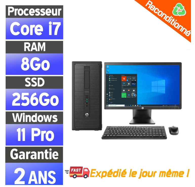 PC Fixe complet  Reconditionné – HP EliteDesk 800 TWR i7, 8Go, SSD 256Go