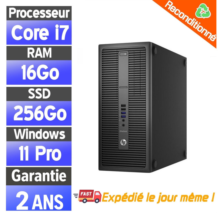 HP EliteDesk 800 G2 TWR reconditionné – i7, SSD 256 Go, 16 Go RAM