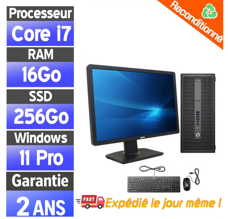 HP EliteDesk 800 G2 i7 reconditionné + écran 22" garanti 2 ans