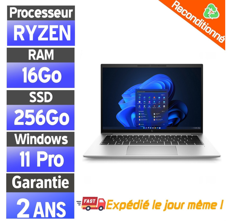 HP EliteBook 845 G7 reconditionné – PC portable Ryzen 5 – 16Go RAM – SSD 256Go