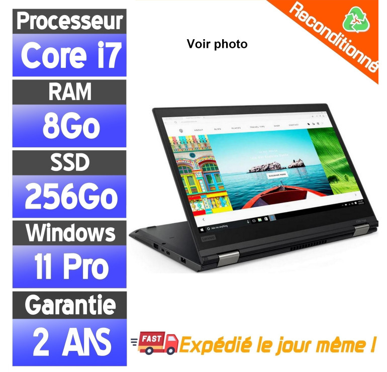 Lenovo Yoga L380 Reconditionné – i7, SSD 256Go, Tactile – PC portable pro