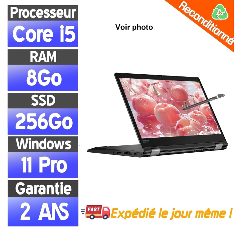 Lenovo Yoga L13 Reconditionné – Core i5, SSD 256Go, Tactile 13", État Correct