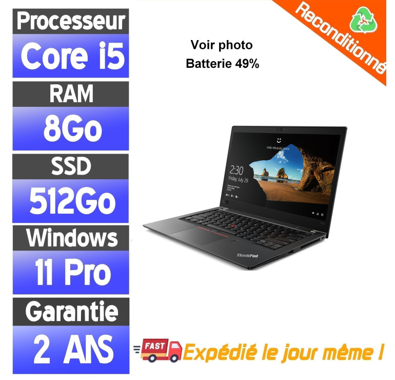 Lenovo ThinkPad T480S Reconditionné – i5 8250U, SSD 512Go, 8Go RAM – PC Portable Pro