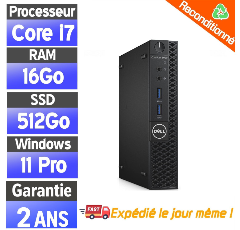 Mini PC Dell OptiPlex i7 Reconditionné – Wi-Fi – 16Go RAM, SSD 512Go