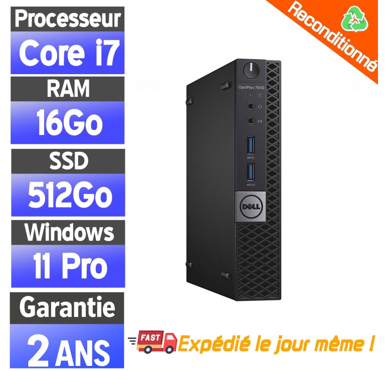 Mini PC Dell OptiPlex 7040 i7 Reconditionné – 16Go RAM – SSD 512Go – Windows 11 Pro